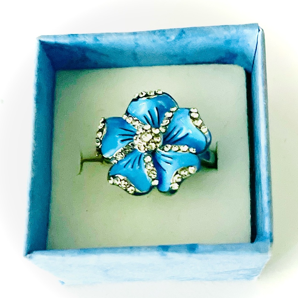 New Handmade Floral Sterling Silver Blue Hibiscus Flower Cocktail Statement Ring - Picture 4 of 7